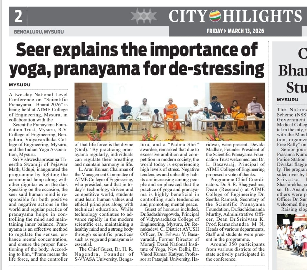 “ATMECE Mysuru Hosts National Conference on ‘Scientific Pranayama – Bharat 2026’ Highlighting the Role of Yoga in Stress Management.”
